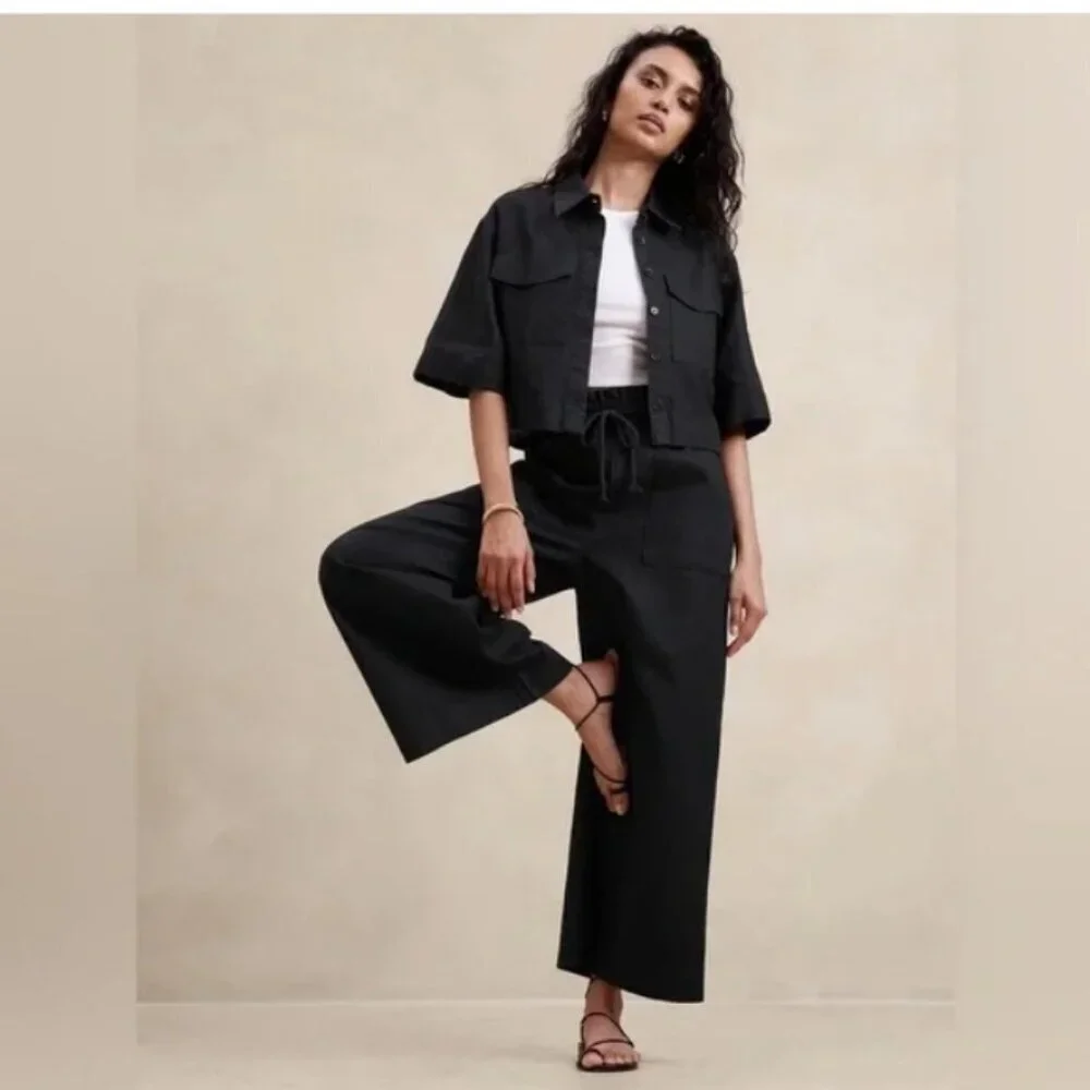 Banana Republic Black Hemp Cotton Blend Wide Leg Paperbag Pant
